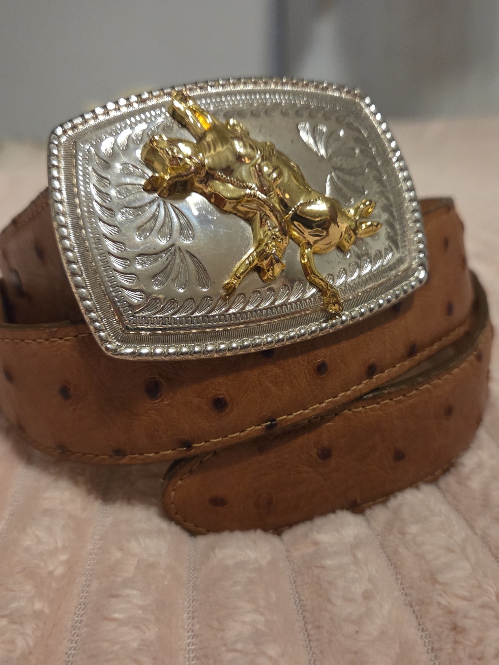 Tony Lama Brown Genuine Leather Western Belt with Gold Rodeo Buckle